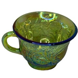 Vintage Colony Iridescent Green Carnival Glass Tea Cup Harvest Grape Leaf (A12B)